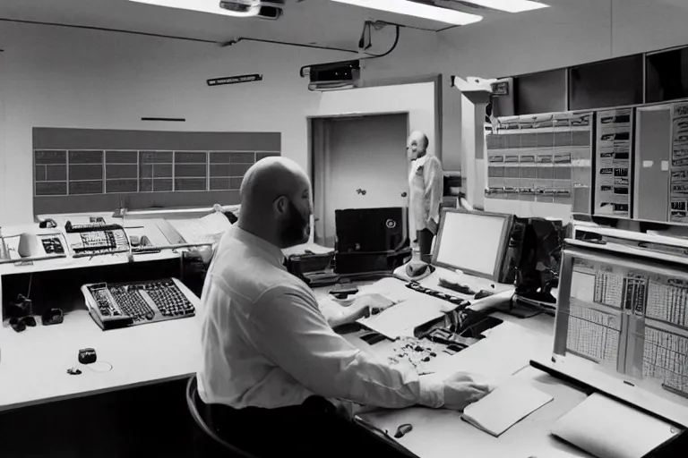 Prompt: heavyset bald man wearing a white shortsleeved shirt and blue jeans working in a nuclear silo control room by Roger Deakins