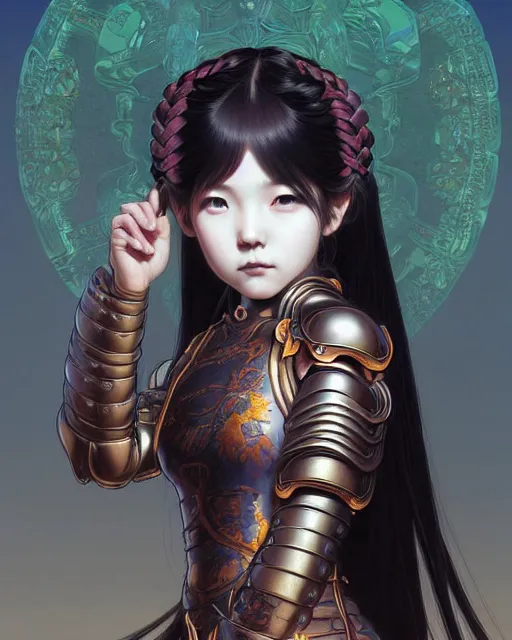 Prompt: portrait of beautiful cute young goth asian maiden anime girl with braided hair in warhammer mechanical armor, high details, art by ( ( ( kuvshinov ilya ) ) ) and wayne barlowe and gustav klimt and artgerm and wlop and william - adolphe bouguereau