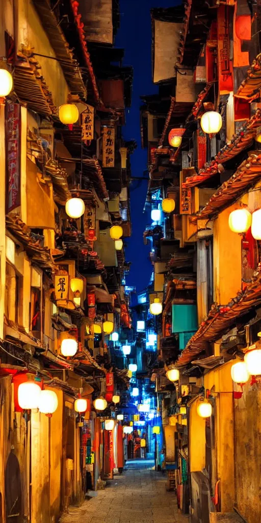 Prompt: view of an alley in china / taiwan at night