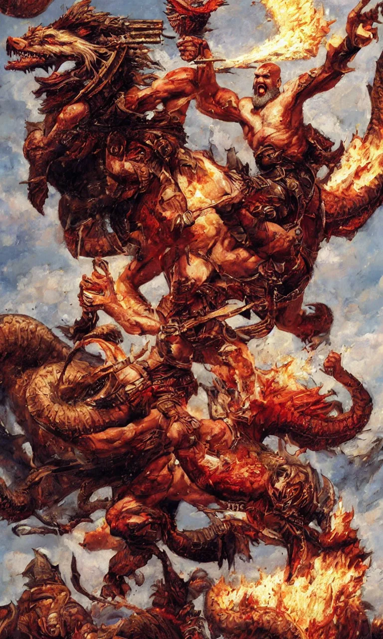 Prompt: a detailed oil painting rendition of kratos as lebron james riding a gigantic fire breathing dragon, art by norman rockwell