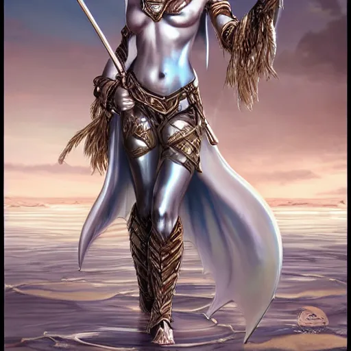 Image similar to fantasy woman with armor emerging from the sea holding a staff made with mother-of-pearl, by Artgerm