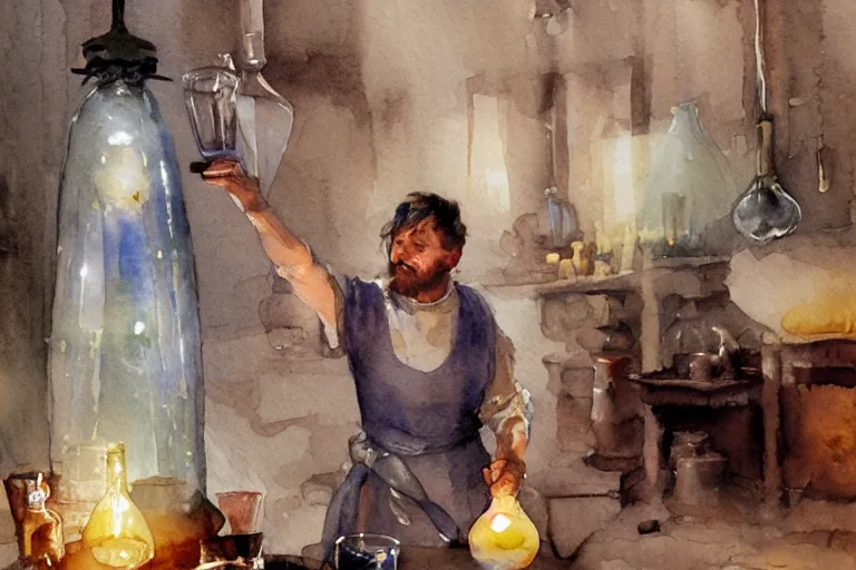 Prompt: small centered on watercolor paper, paint brush strokes, abstract watercolor painting of medieval glassblower with apron, kiln, glow, cinematic light, glass bottle, glass vase, transparent glass, national romanticism by hans dahl, by jesper ejsing, by anders zorn, by greg rutkowski, by greg manchess, by tyler edlin