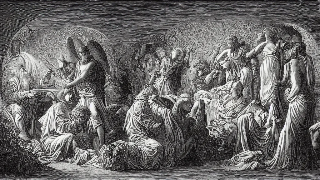 Image similar to mankinds discovery of alchemy sacred geometry engraving by gustave dore