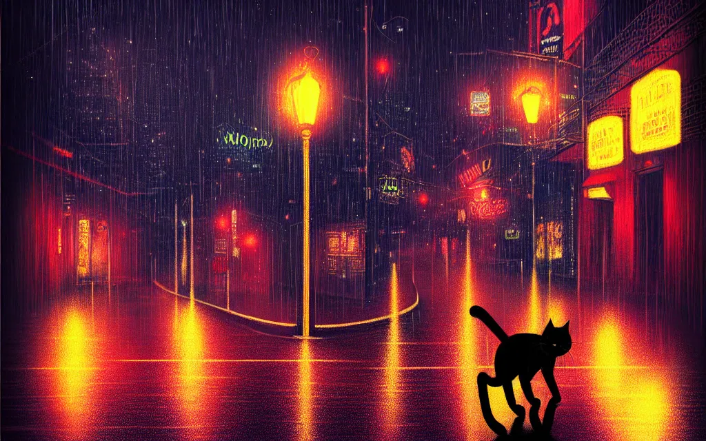 Image similar to black cat running through heavy rain in an emprty neon lit street at night by wlop, ultra detailed color art, high detail, digital art