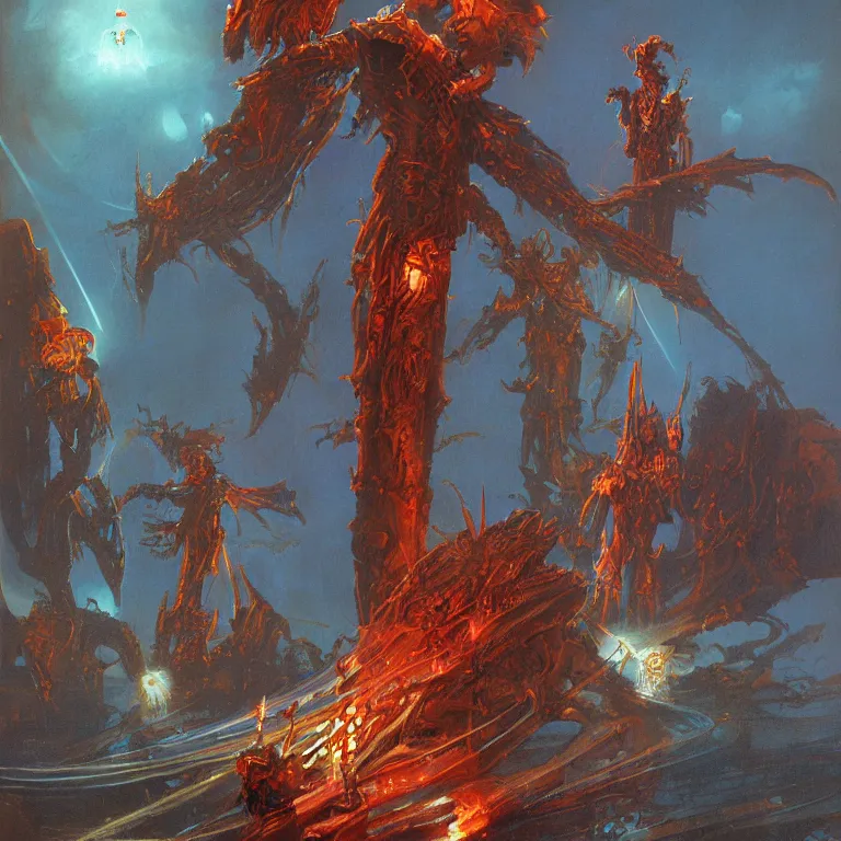 Image similar to extremely detailed intricate evocative column of treacherous light shooting into starwind suffocated by shapeless wraiths singing with somatic voices submerged in radioactive poison by Peter Andrew Jones
