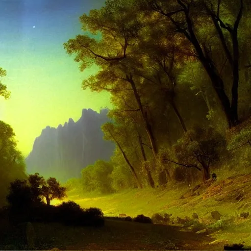 Image similar to scenic landscape of a valley at dawn, Albert Bierstadt, inspiring, realistic painting