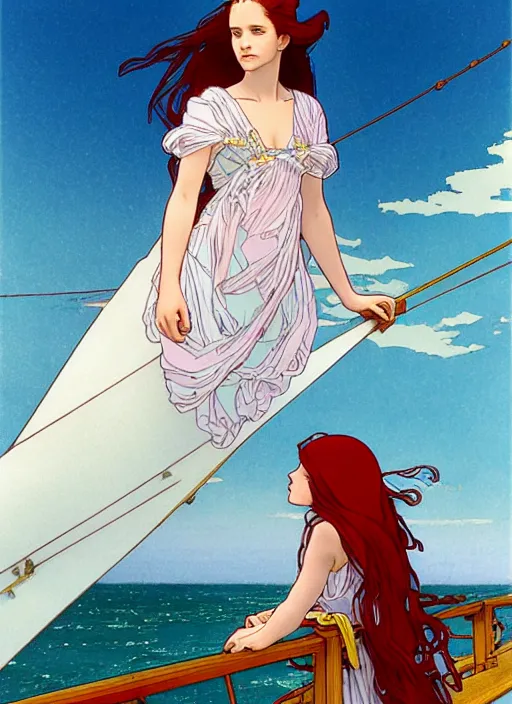 Prompt: a pretty young alicia vikander with long red hair blowing in the wind is leaning on the rail of a sailing ship, looking out to sea, path traced, highly detailed, high quality, digital painting, by studio ghibli and alphonse mucha, ron cobb, leesha hannigan, hidari, art nouveau, chiho aoshima, jules bastien - lepage