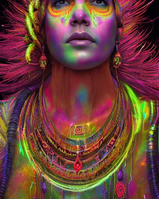 Image similar to a powerful energy psychedelic matrix indian woman, by alexander fedosav, hyper detailed digital matte painting, concept art, hyperrealism, 1 6 k resolution, cinema 4 d, 8 k resolution, trending on artstation, behance hd, a masterpiece, by stephan martiniere, particles, cel - shaded, power bright neon energy, by david a. hardy,