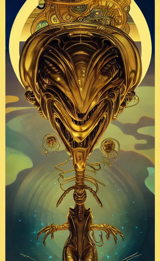 Image similar to exquisite imaginative alien creature poster art, text saying being from beyond, gold, movie art, looming, by lucusfilm, weta studio, alphonso mucha, james jean, frank frazetta, 8 k, denoised, sharp, crisp, high quality, cinematic