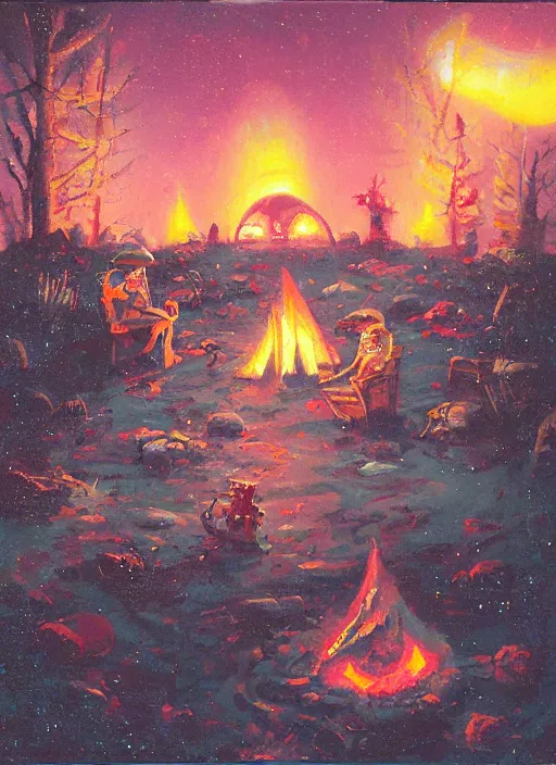 Prompt: cozy camp fire by paul lehr