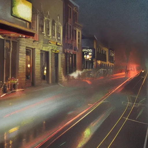 Image similar to A stunningly beautiful award-winning 8K high angle cinematic movie photograph of a foggy main intersection in an quiet 1950s small town at night, by Edward Hopper and David Fincher and Darius Khonji, cinematic lighting, perfect composition, moody low key volumetric light. Color palette from Seven, greens yellows and reds. 2 point perspective