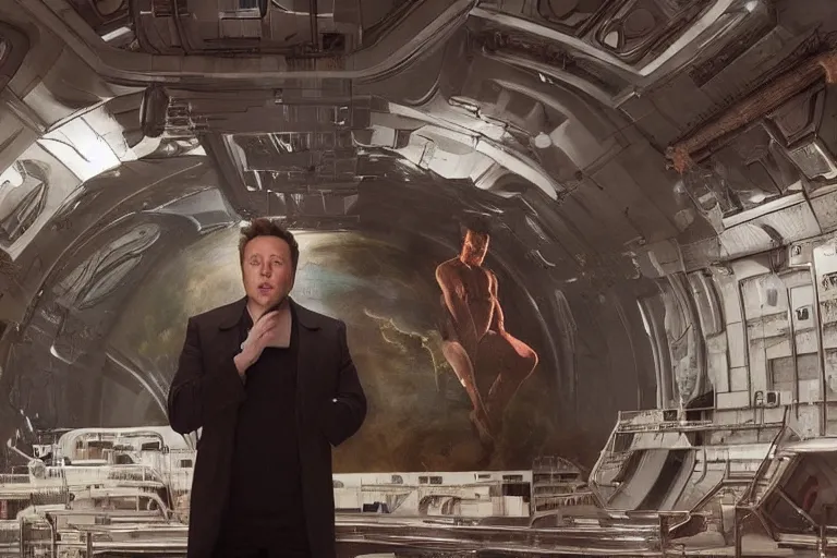 Image similar to hyperrealism aesthetic ridley scott and denis villeneuve style photography of a detailed giant elon musk, siting on a detailed ultra huge toilet and scrolling his smartphone in hyperrealism scene from detailed art house movie in style of alejandro jodorowsky and wes anderson