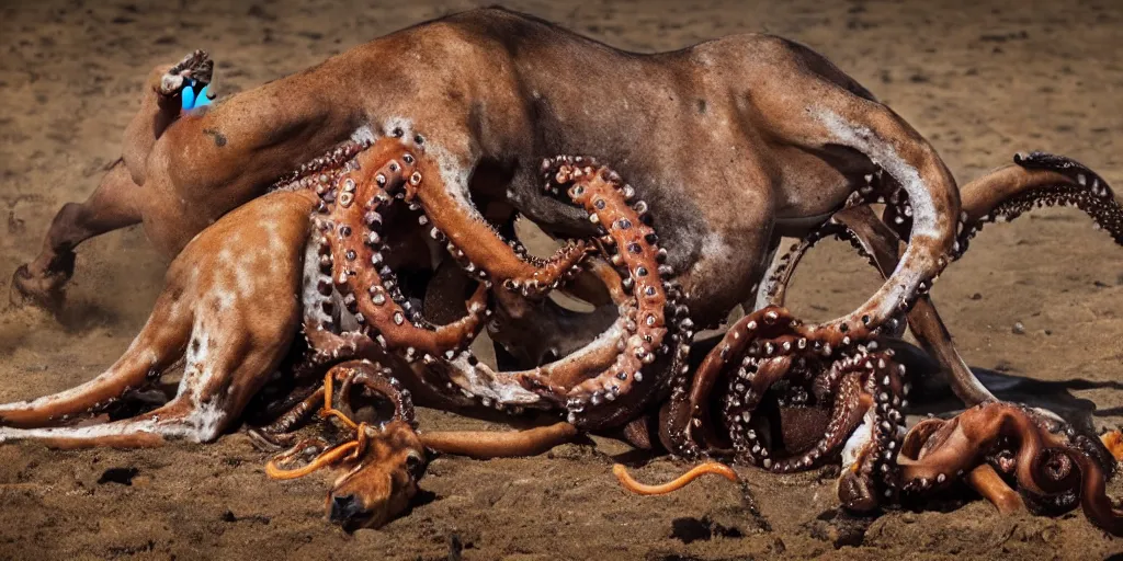 Prompt: national geographic photo of horse full of octopus being eaten by african hunting dogs