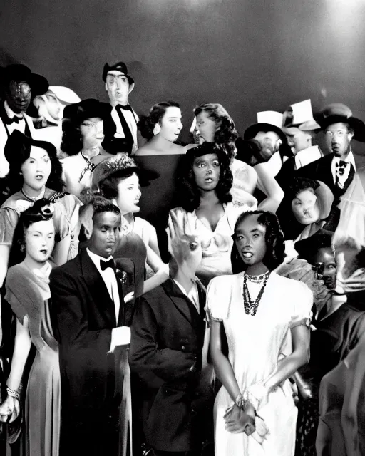 Prompt: the image is a lost hollywood film still 1 9 4 0 s photograph of a black woman with ebony skin, long hair, and silver - colored eyes attending a wedding banquet, and she stands out from the other guests with her exquisite attire and poise. vibrant cinematography, anamorphic lenses, crisp, detailed image in 4 k resolution.