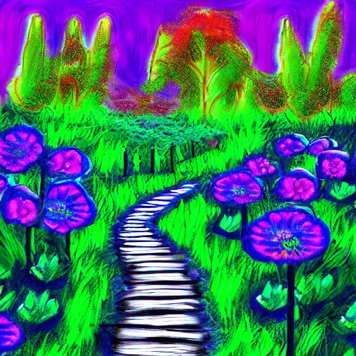 Image similar to Cat holding flower forest walkway, Blacklight art style, digital art