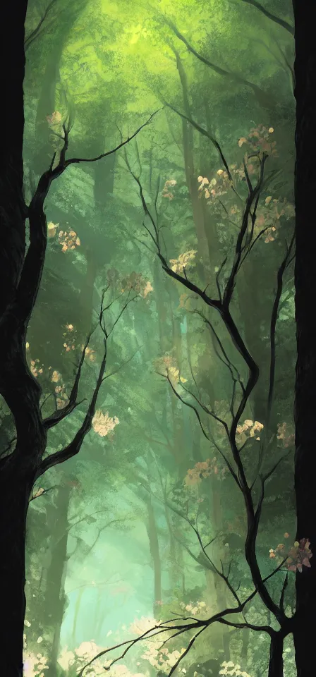 Prompt: flowering tree in an underground forest. smooth gouache painting by the award - winning concept artist, bloom, chiaroscuro, backlighting, depth of field.