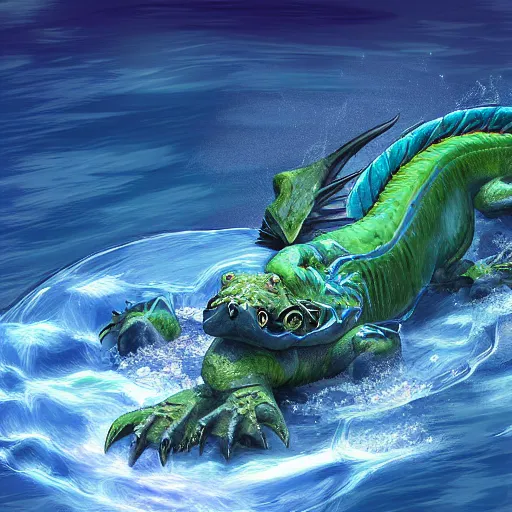 Image similar to a water dragon getting out of the ocean, digital art, fantasy art