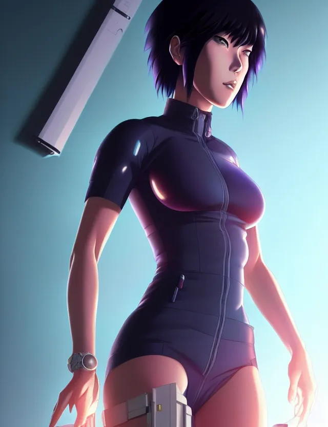 Image similar to a fullbody portrait of motoko kusanagi the major ghost in the shell : : stand alone complex, under repairs, maintenance : : by ilya kuvshinov, rossdraws, artgerm, sola digital arts, anti aliasing, raytracing : :