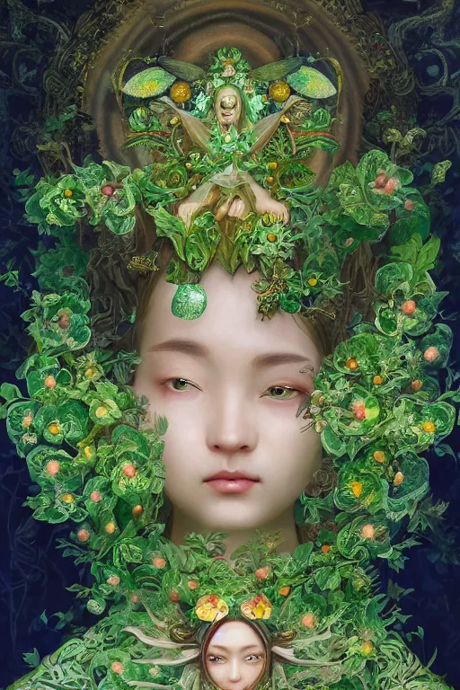 Prompt: breathtaking detailed concept art painting of the goddess of green bugs, orthodox saint, with anxious, piercing eyes, ornate background, amalgamation of leaves and flowers, by Hsiao-Ron Cheng, James jean, Miho Hirano, Hayao Miyazaki, extremely moody lighting, 8K