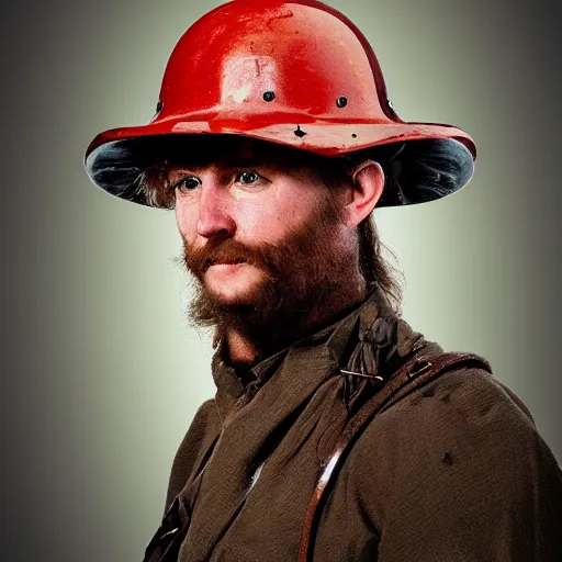 Image similar to australian bushranger wearing metal helmet, award winning epic action photography in rich colors