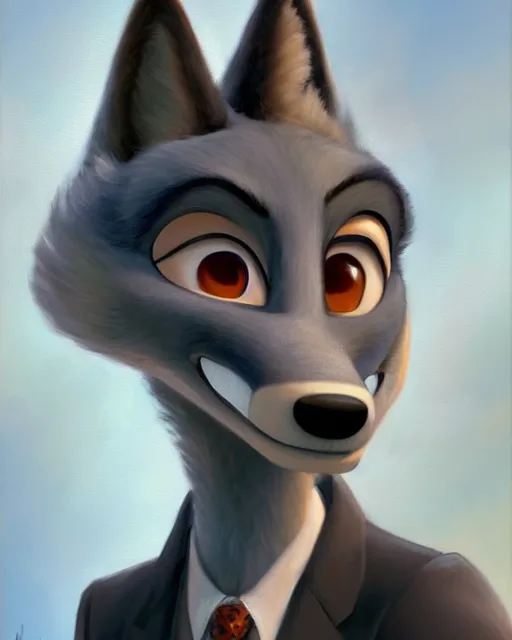 Image similar to oil painting of anthromorphic female wolf, in style of zootopia, female fursona, furry, furaffinity, 4 k, deviantart, furry art, fursona art, wearing black business suit, business suit, wolf fursona, female, very expressive detailed feminine face,