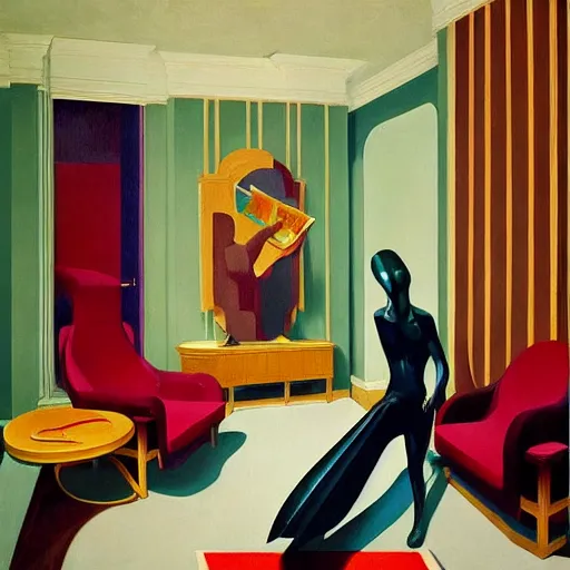 Prompt: art deco living room, open ceiling, highly detailed, very coherent, painted by Francis Bacon and Edward Hopper, Wayne Barlowe, painted by James Gilleard, surrealism, airbrush, art by JamesJean