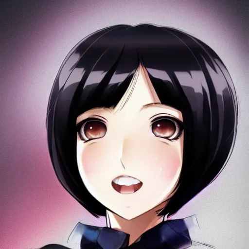 Image similar to luxury advertisement, astonishing portrait of a very beautiful anime schoolgirl with black bob hair, full perfect face, she is dancing. Realistic, highly detailed background, artstation, 120 degree view, drawn by Sasoura, Satchely and Akihiko Yoshida, no distortion