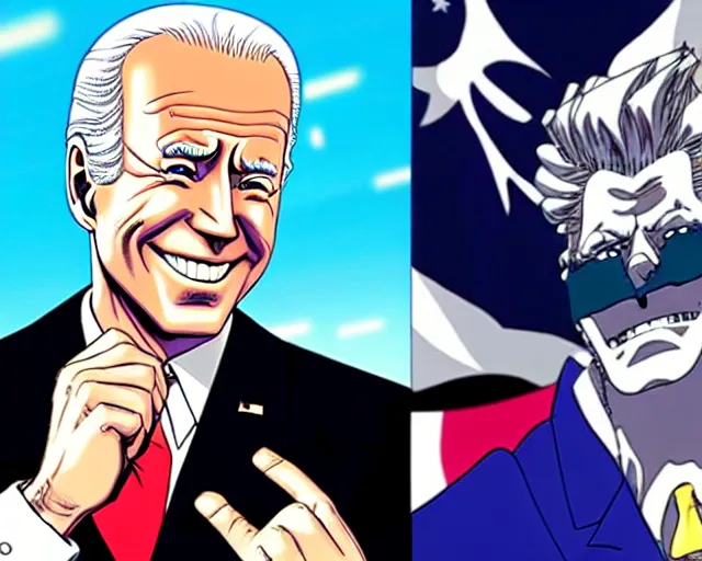 Image similar to Joe Biden in JoJo’s Bizarre Adventure anime by Hirohiko Araki, highly detailed, dynamic lighting, anime style