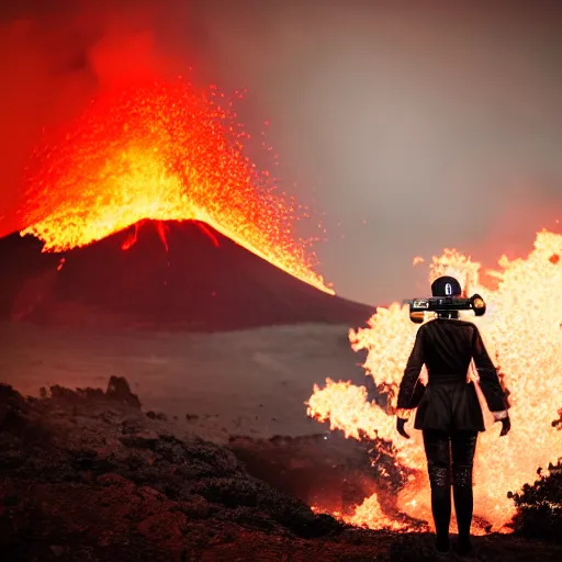 Prompt: white woman suit with a one red light eye gasmask standing close to volcano, fire raining, professional photography, black and white, cinematic, eerie