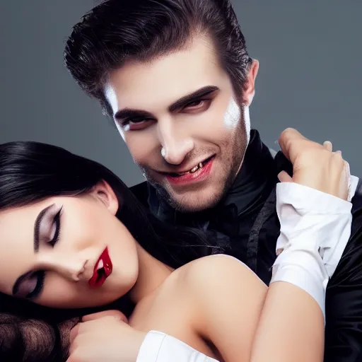 Image similar to handsome vampire holding a beautiful girl, 4 k, professional photograph, romance novel cover