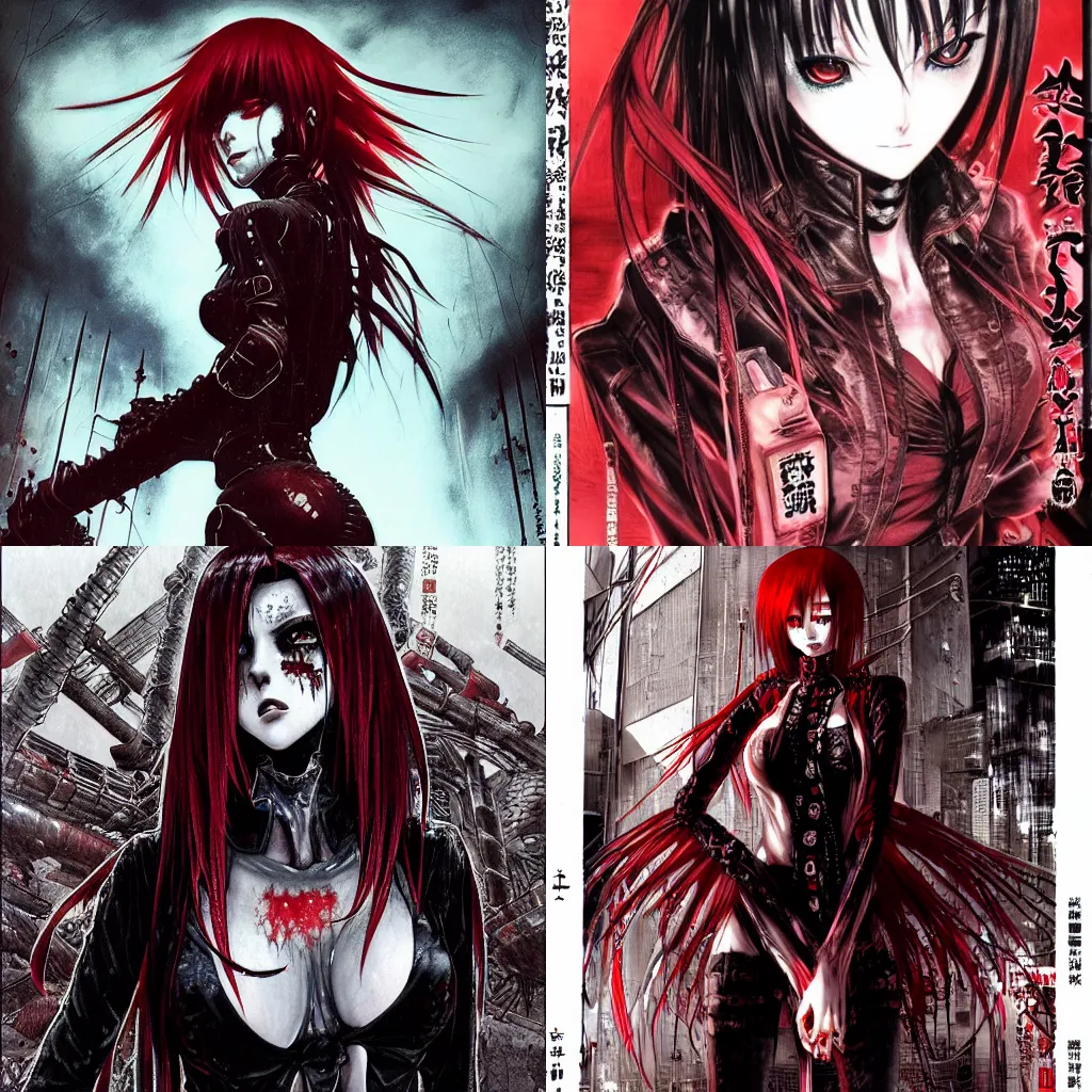 Prompt: highly detailed professional late 2 0 0 0 s seinen manga cover art of goth woman with red hair, red eyes, leather clothes, black makeup. chunibyo. horror cyberpunk action manga cover promotional art. detailed and intricate environment. pencils by ilya kuvshinov and painted by zdzislaw beksinski, inked by tsutomu nihei