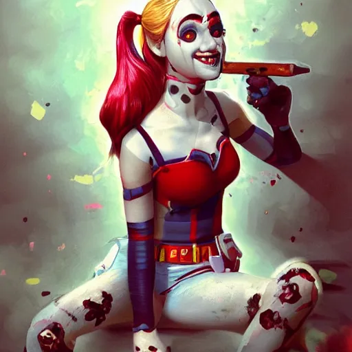 Prompt: Harley Quinn as a beautiful young ape kid with long pony tails on either side of her head, illustration, comic, by James Jean, artgerm, octane render, by John Coltrane and Marc Simonetti, kinemacolor, colorful, high detail of the face, full body