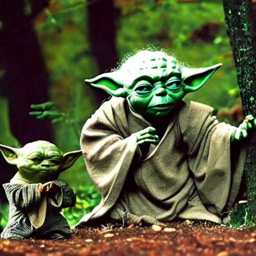 Image similar to stunning awe inspiring, many members of yoda's species interacting with strange creatures and performing rituals, award winning nature photo, 8 k