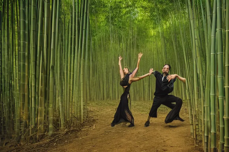 Prompt: cinematography closeup portrait of couple dancing in a bamboo forest, thin flowing fabric, audience of monkeys, natural light by Emmanuel Lubezki