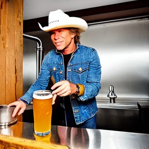 Image similar to photograph of Jon Bon Jovi with cowboy hat pouring beer from a tap into a dirty bowl in the kitchen sink