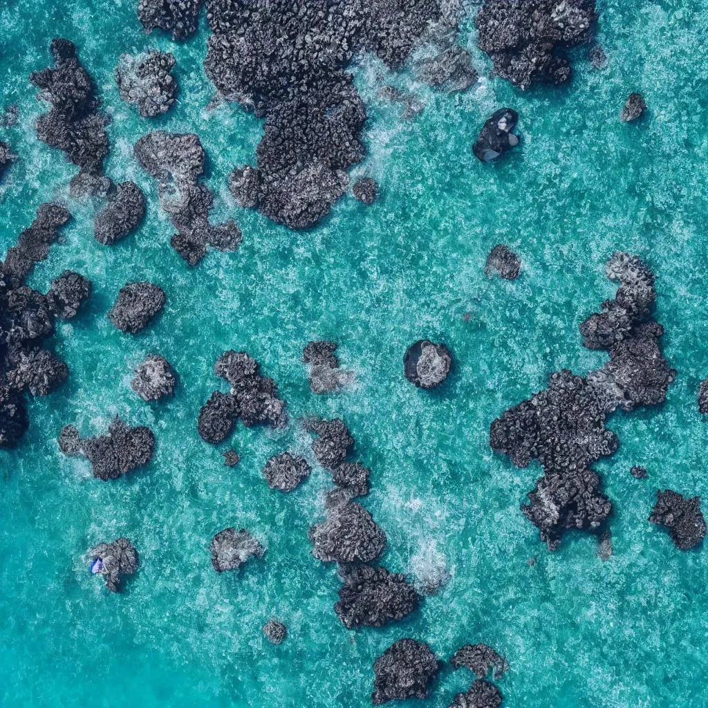 Prompt: birds eye view above a crystal clear blue ocean with swirling sea foam, dark black smooth obsidian boulders, floating kelp, small fishes, octopus, dolphins, stingrays, whale