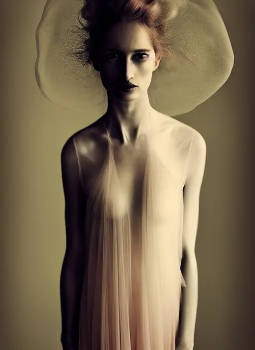 Image similar to portrait photography of a beautiful woman, in fine art photography style of Paolo Roversi , rose huntington whitely style 3/4 , natural color skin pointed in rose, long hair with ornamental hairstyle, full body dressed with a ethereal transparent voile dress, elegrant, 8K, soft focus, melanchonic rose soft light, volumetric dramatic lighting, highly detailed Realistic, hyper Refined, Highly Detailed, natural point rose', indoor soft lighting, soft delicate lighting colors scheme, soft blur lighting, fine art fashion photography