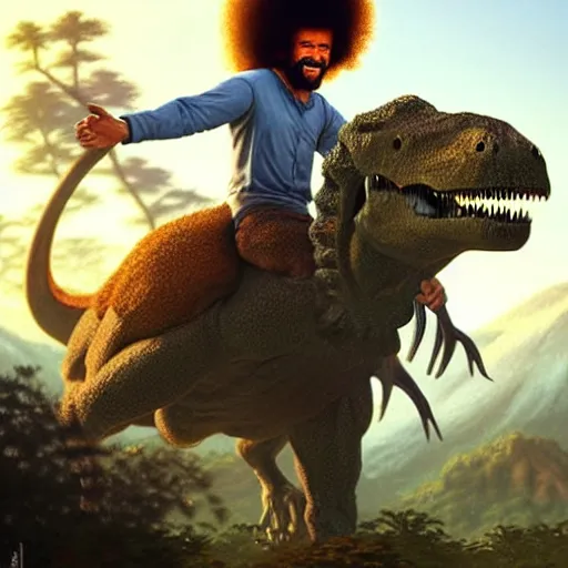 Image similar to bob ross!!! riding!!! a dinosaur!!, giant afro!, model pose, ultra realistic, concept art, intricate details, highly detailed, photorealistic, octane render, 8 k, unreal engine. art by artgerm and greg rutkowski and alphonse mucha