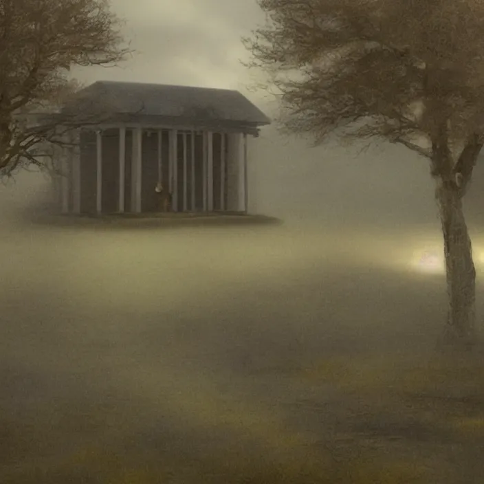 Image similar to a building in a serene landscape, horror fiction