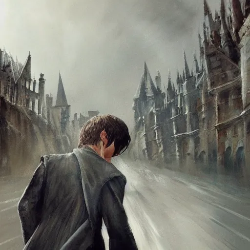 Image similar to daniel radcliffe as harry potter walking, craig mullins epic oil on canvas painting of a lord of the rings atmospheric landscape, mordor, line art!!, ink, art concept for a book cover!!, harmonic colours, thik brushstrokes, movie still, game of thrones concept art, highly detailed, centered, hyperrealism