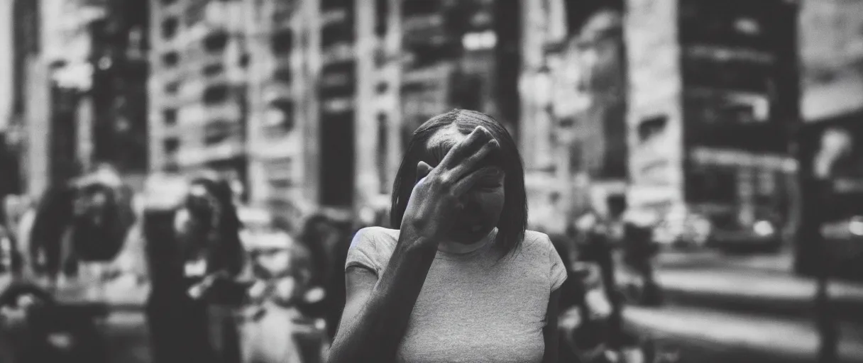 Image similar to super advanced alien doing facepalm when seeing human beings in the city, artistic photo, noir, monochrome, dark atmosphere, commercial photography, street photography, fine art, leica