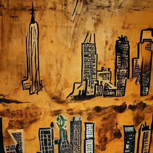 Prompt: cave painting of new york city on a cave wall, cave painting, detailed