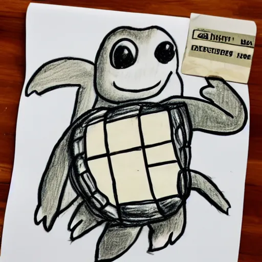 Image similar to a child's drawing of a turtle holding a receipt that says NFT! on it