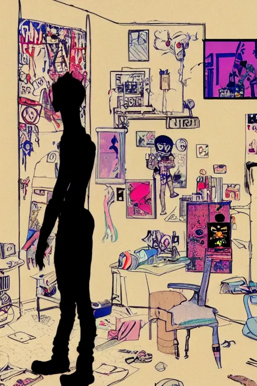 Image similar to a skinny goth guy standing in a cluttered 9 0 s bedroom by jamie hewlett, back view, jamie hewlett art, full body character concept art, vaporwave colors,