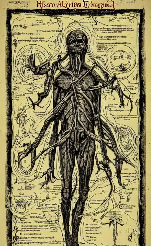 Image similar to hyper detailed antique occult instructions, eldritch, anatomy, pagan god