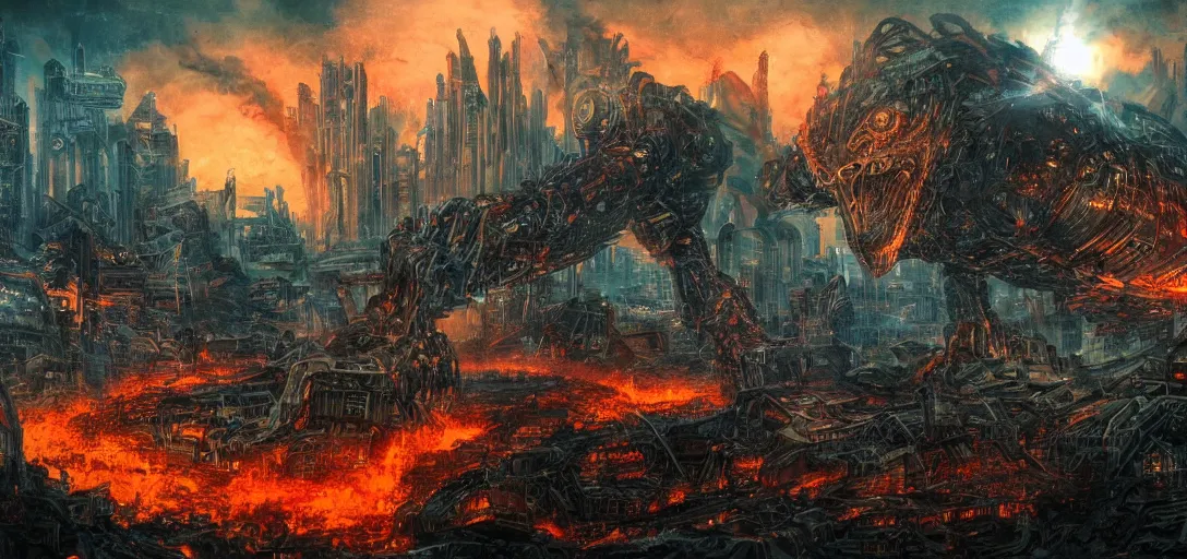 Image similar to a mecanic monster destroy a futurist city in the night, landscape, night, fire, dark fantasy, kaiju, apocalypse