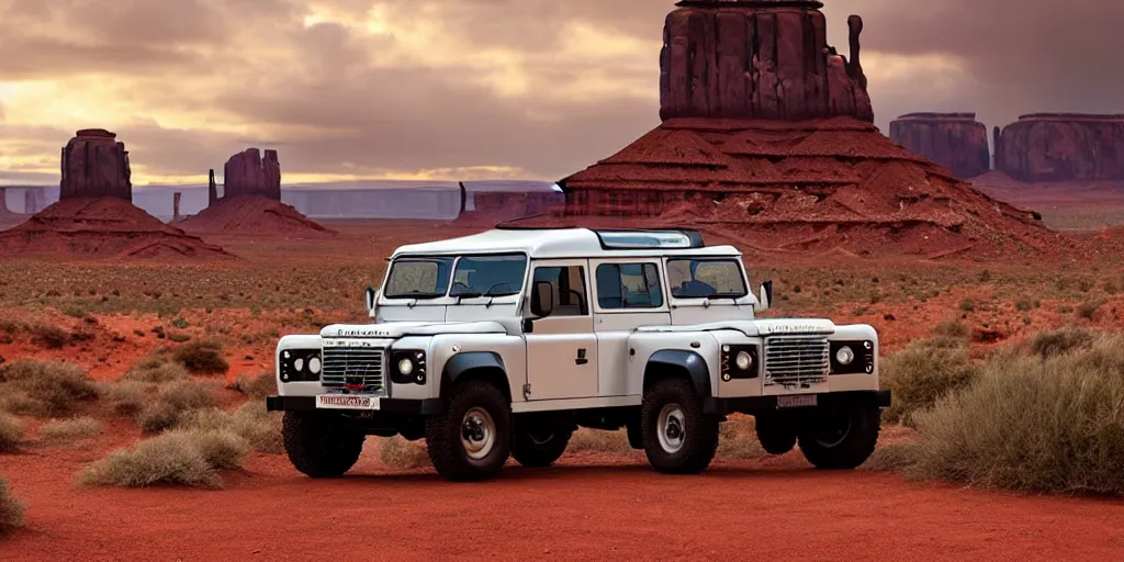 Prompt: a vintage Land Rover Defender drives within a dramatic vista in Monument Valley, cinematic sky and light