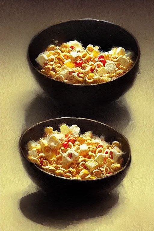Image similar to greg rutkowski. godlike bowl of cereal