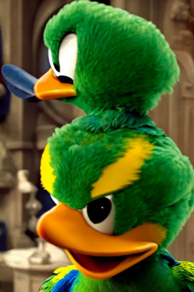 Prompt: donald duck as a green parrot in the harry potter universe