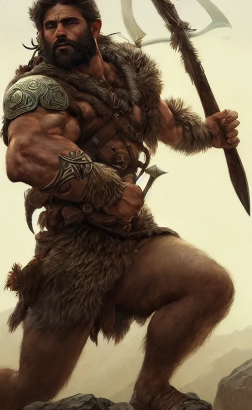 Prompt: full body portrait of a gruff ranger with a spear, wolf companion, muscular, handsome face, hairy body, D&D, fantasy, intricate, elegant, highly detailed, digital painting, artstation, concept art, matte, sharp focus, illustration, art by Artgerm and Greg Rutkowski and Alphonse Mucha